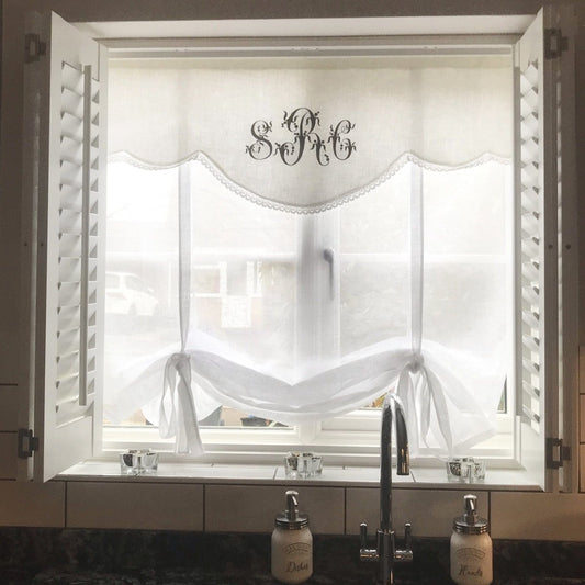 Linen Lace White Window Valance Curtain with Monogram - Linen and Letters