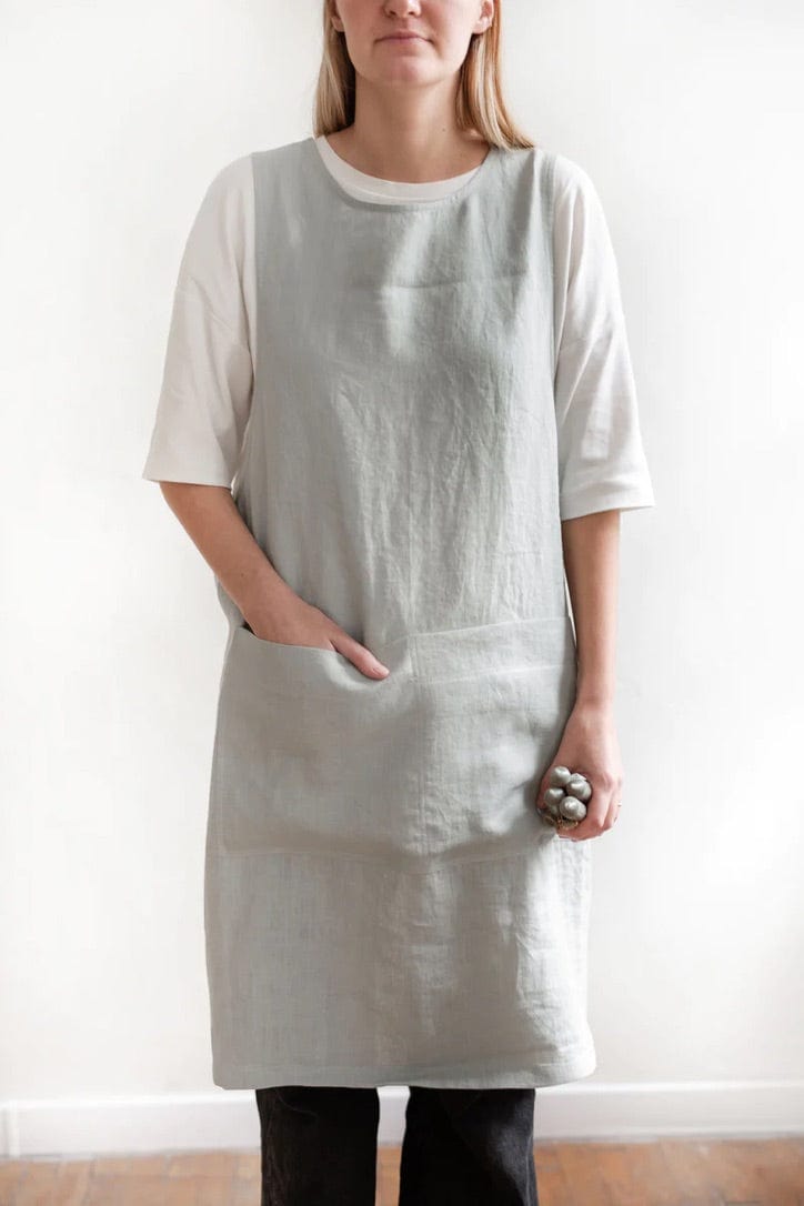 Linen No-Tie Cross Back Japanese Style Pinafore Apron with Two Pockets