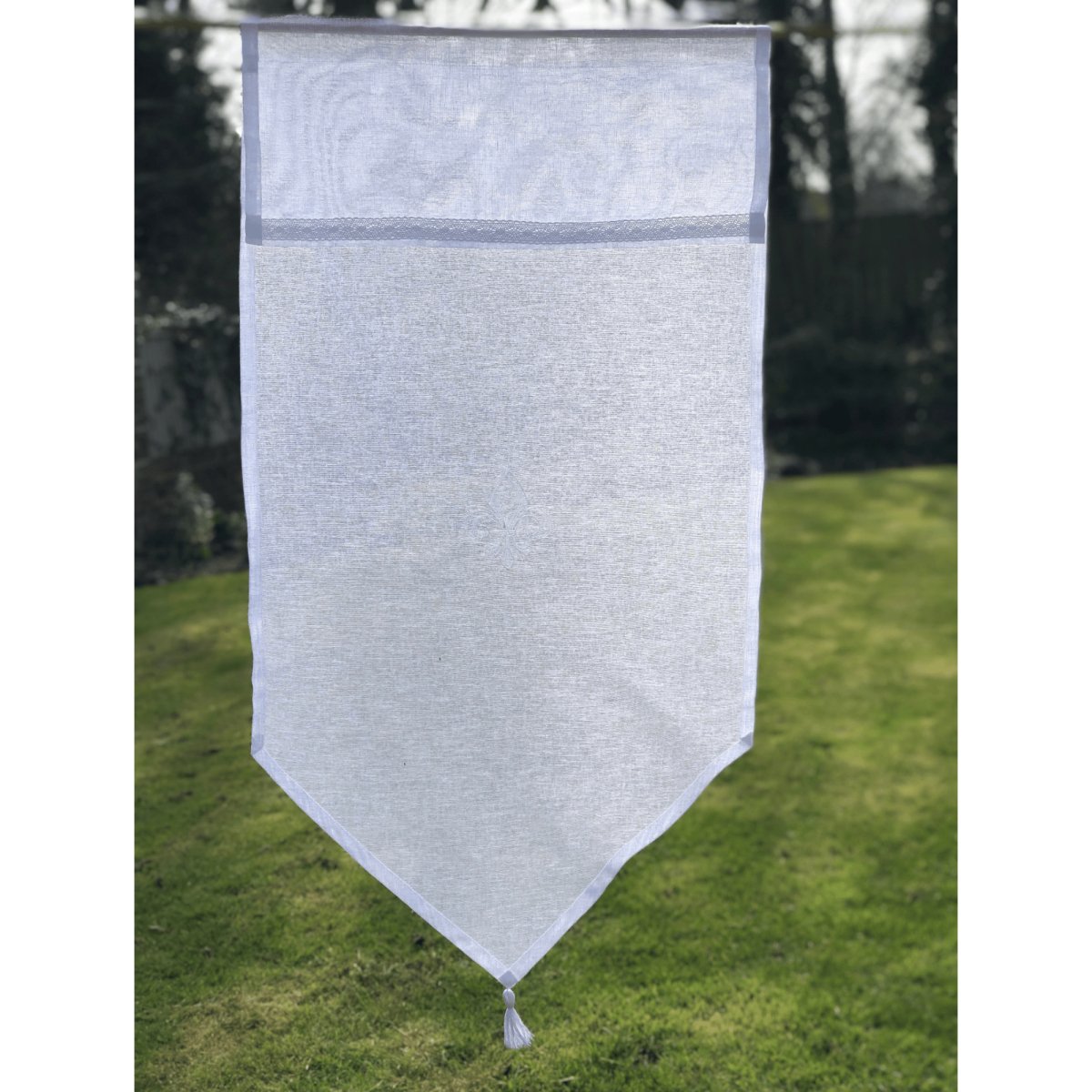 Monogram Sheer White Kitchen Tassel Curtain - Linen and Letters