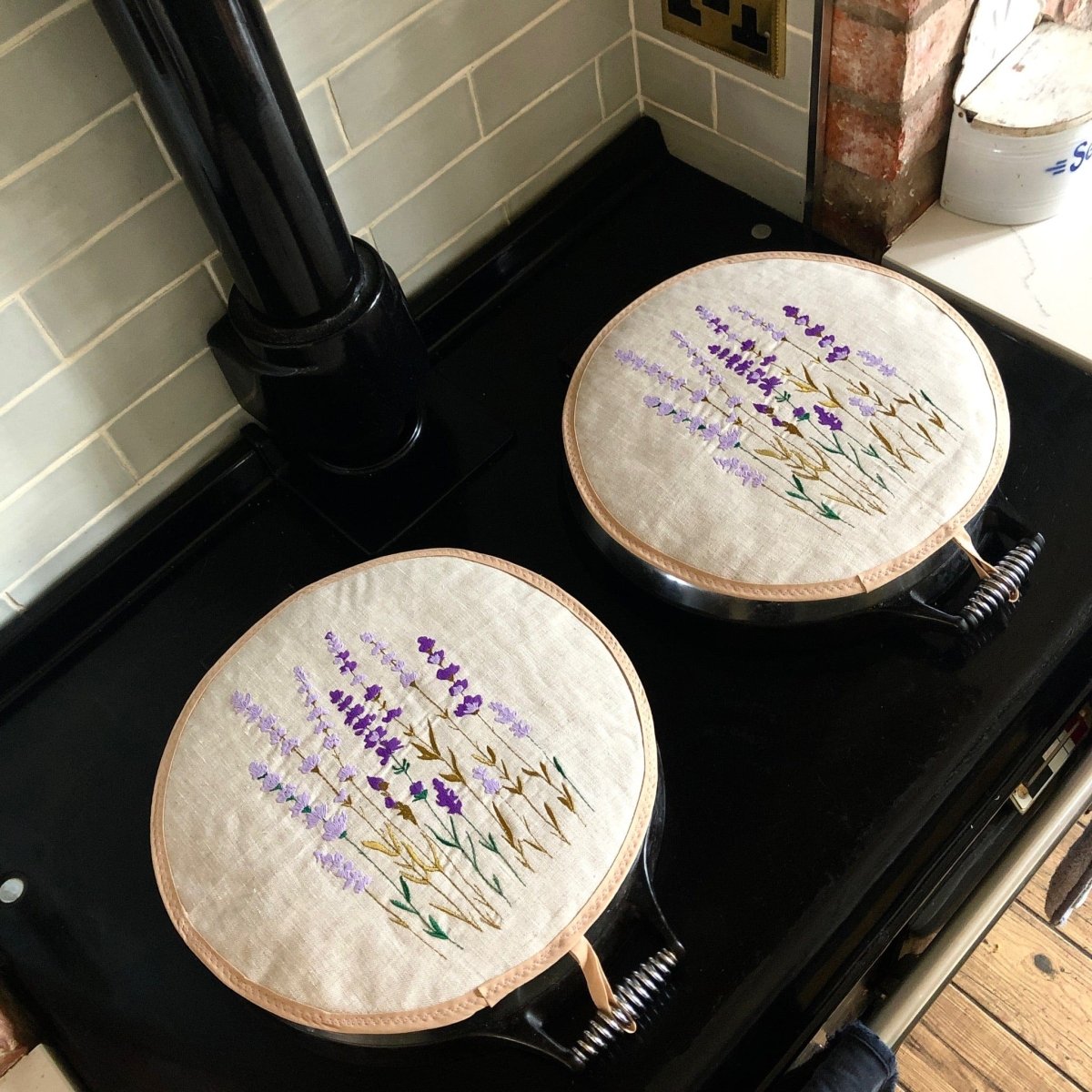Pair Embroidered Lavender Aga Pads - Linen and Letters