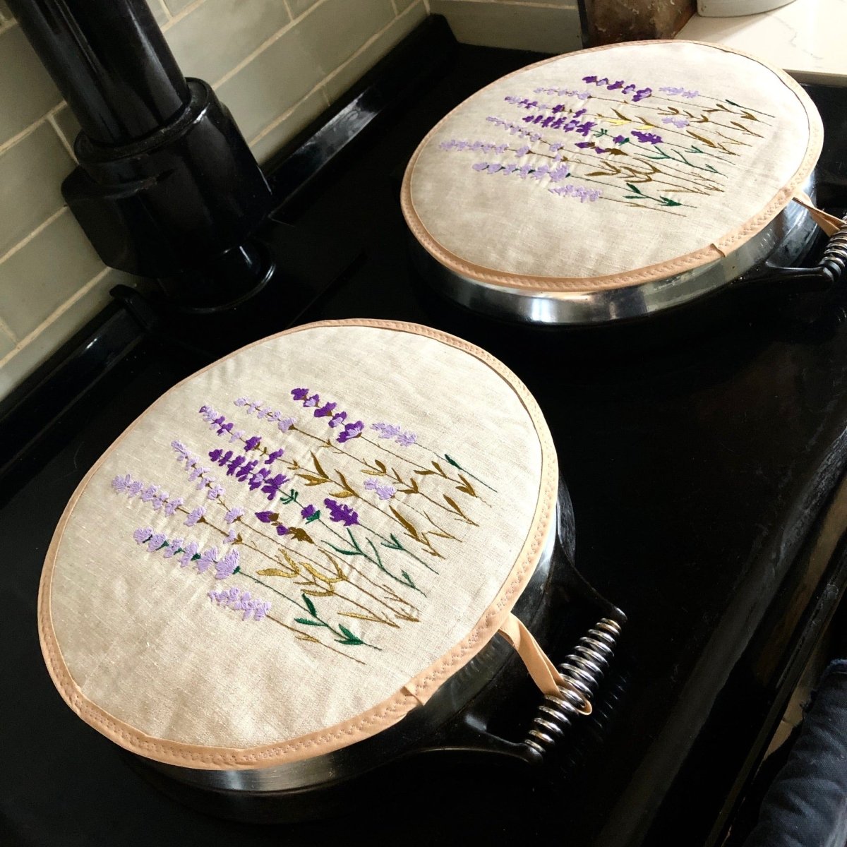 Pair Embroidered Lavender Aga Pads - Linen and Letters