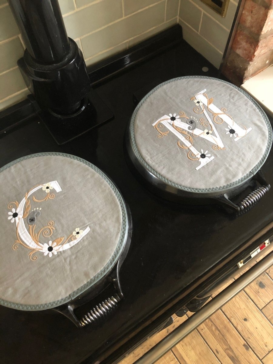 Pair Floral Monogram Embroidered Aga Chef pads - Linen and Letters