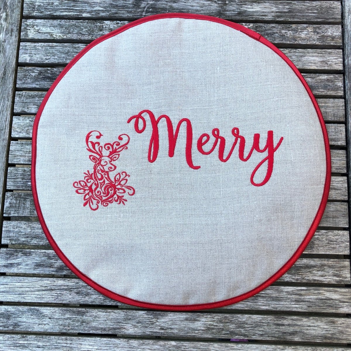 Pair Merry Christmas Natural Flax Linen Aga Lid Covers - Linen and Letters