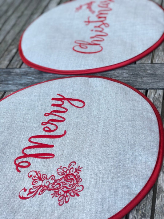 Pair Merry Christmas Natural Flax Linen Aga Lid Covers - Linen and Letters