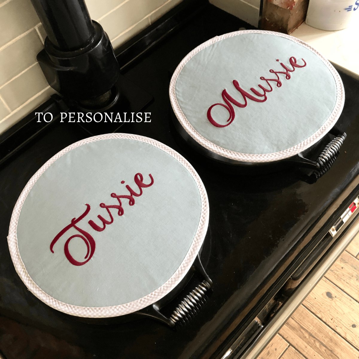Pair Personalised Bespoke Embroidered Grey Aga Chef pads - Linen and Letters