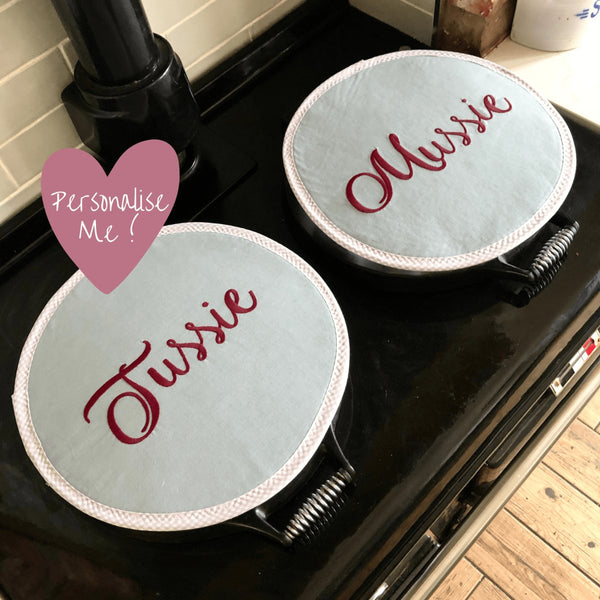 Personalised Custom Pair Aga Chef pads, Embroidered Name hot plate on sale lid covers, Grey linen heat resistant pads