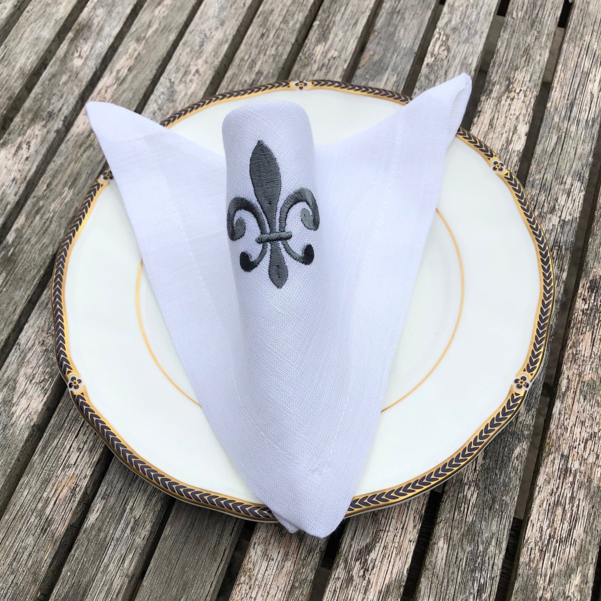 PAIR Pure Linen Fleur de Lis Embroidered Napkin - Linen and Letters