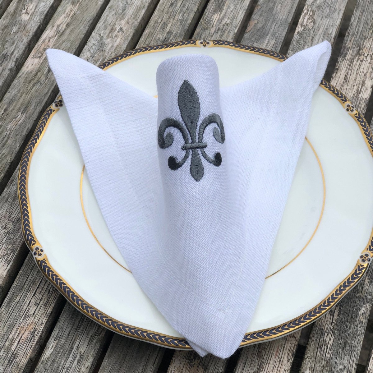 PAIR Pure Linen Fleur de Lis Embroidered Napkin - Linen and Letters