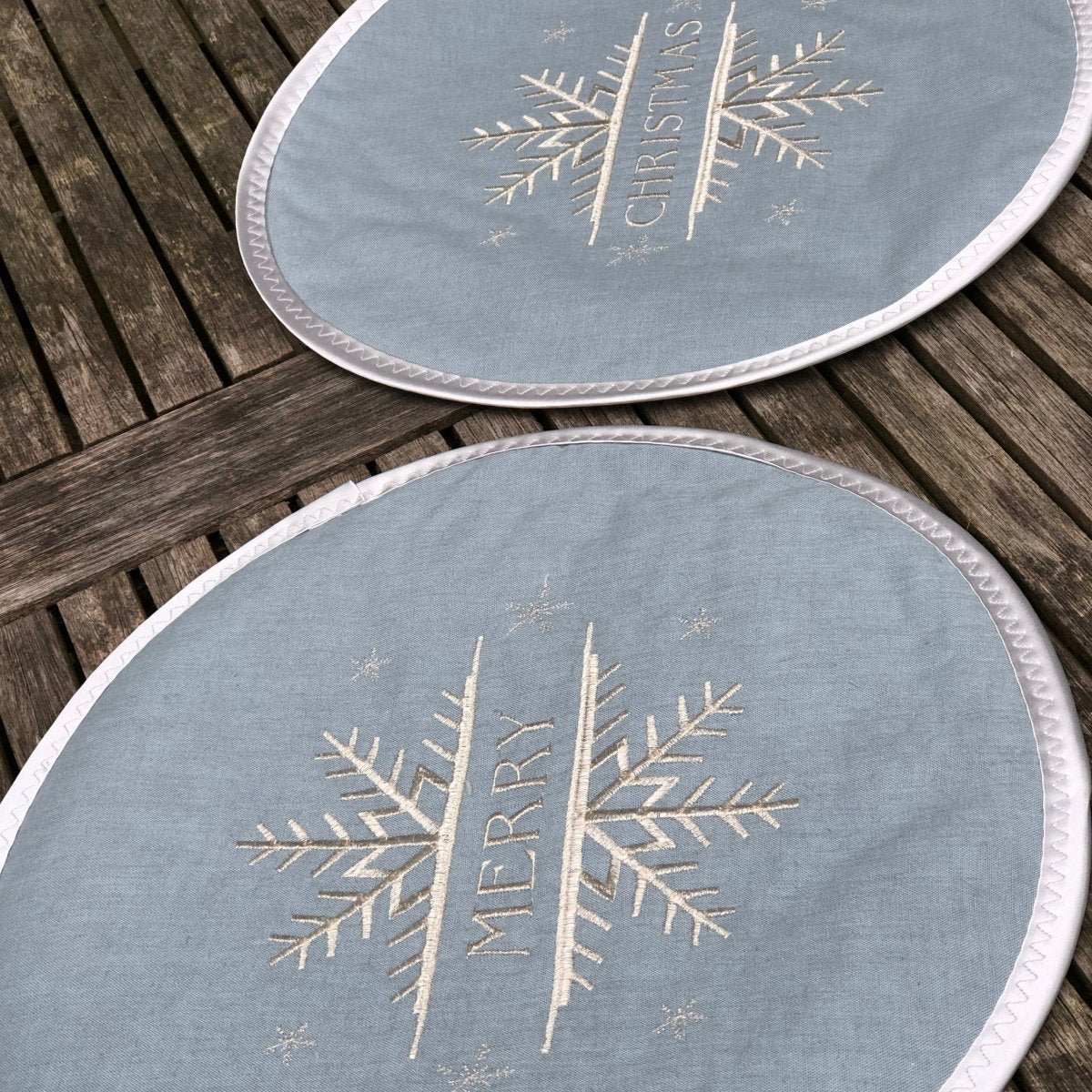 Pair Silver Merry Christmas Snowflake Linen Aga Lid Covers - Linen and Letters