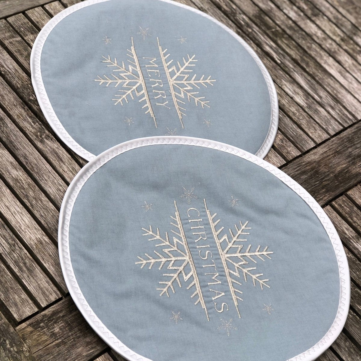 Pair Silver Merry Christmas Snowflake Linen Aga Lid Covers - Linen and Letters