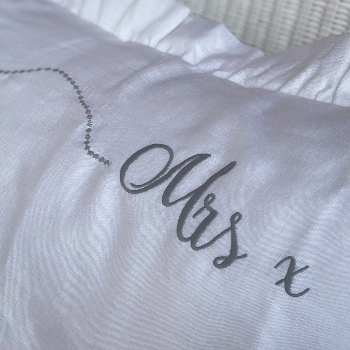 PAIR White Linen Mrs Mrs Ruffle Embroidered Pillowcases - Linen and Letters