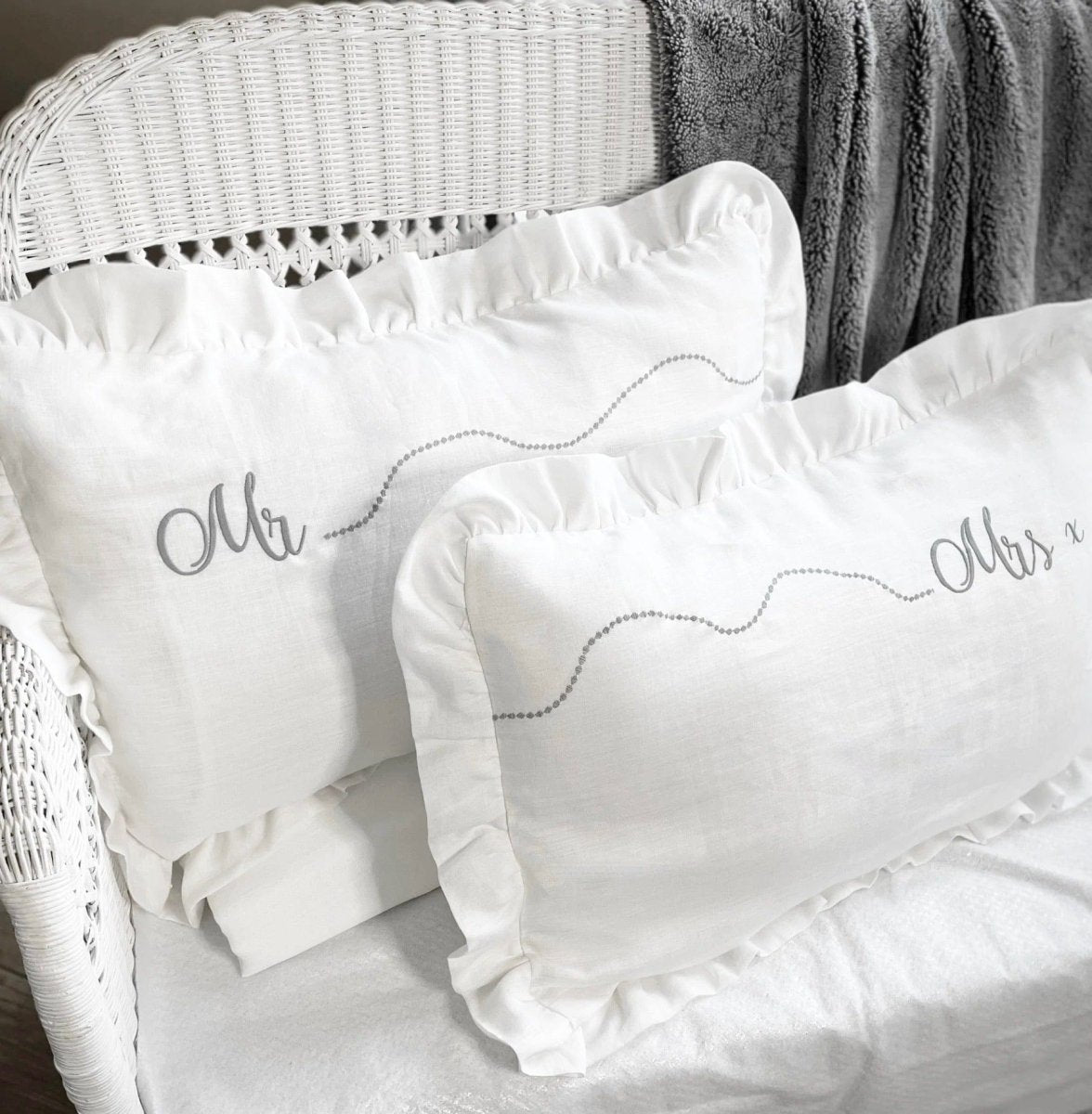 PAIR White Linen Mrs Mrs Ruffle Embroidered Pillowcases - Linen and Letters
