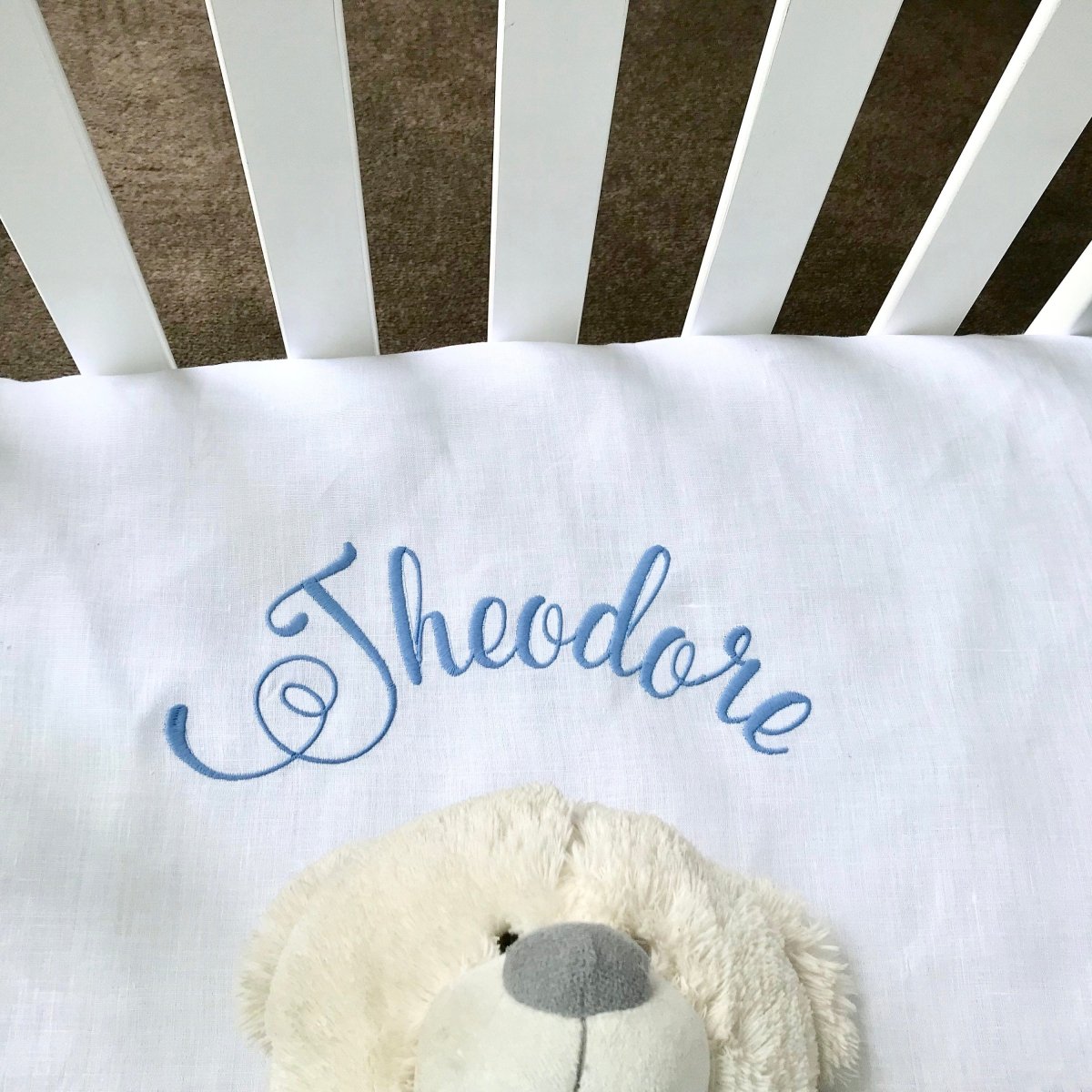 Personalised Linen Fitted Cot Sheet Linen and Letters