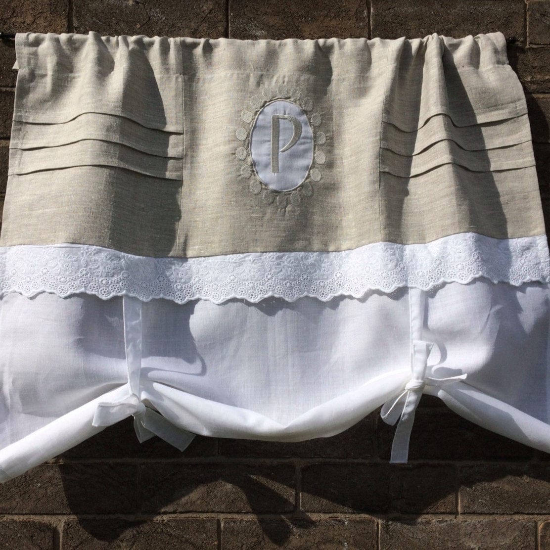 Pretty Linen Eyelet Lace Monogram Valance - Linen and Letters