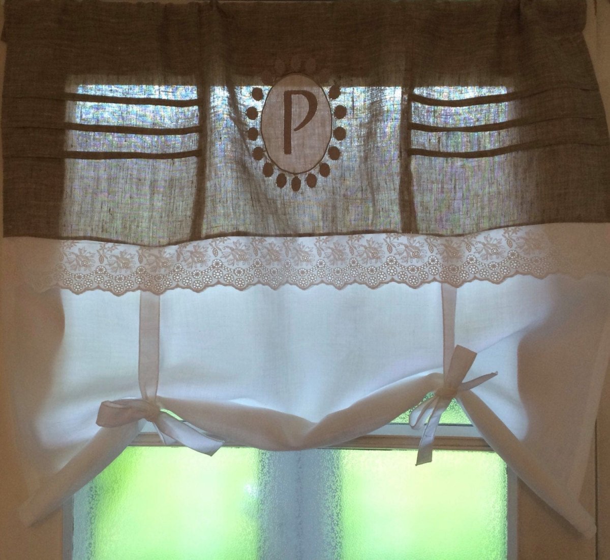 Pretty Linen Eyelet Lace Monogram Valance - Linen and Letters