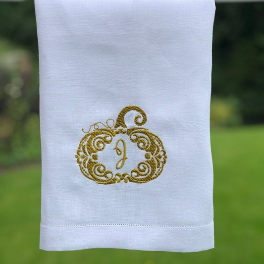 Pumpkin Monogram White Linen Towel - Linen and Letters