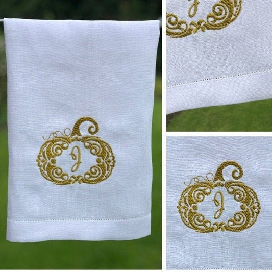 Pumpkin Monogram White Linen Towel - Linen and Letters