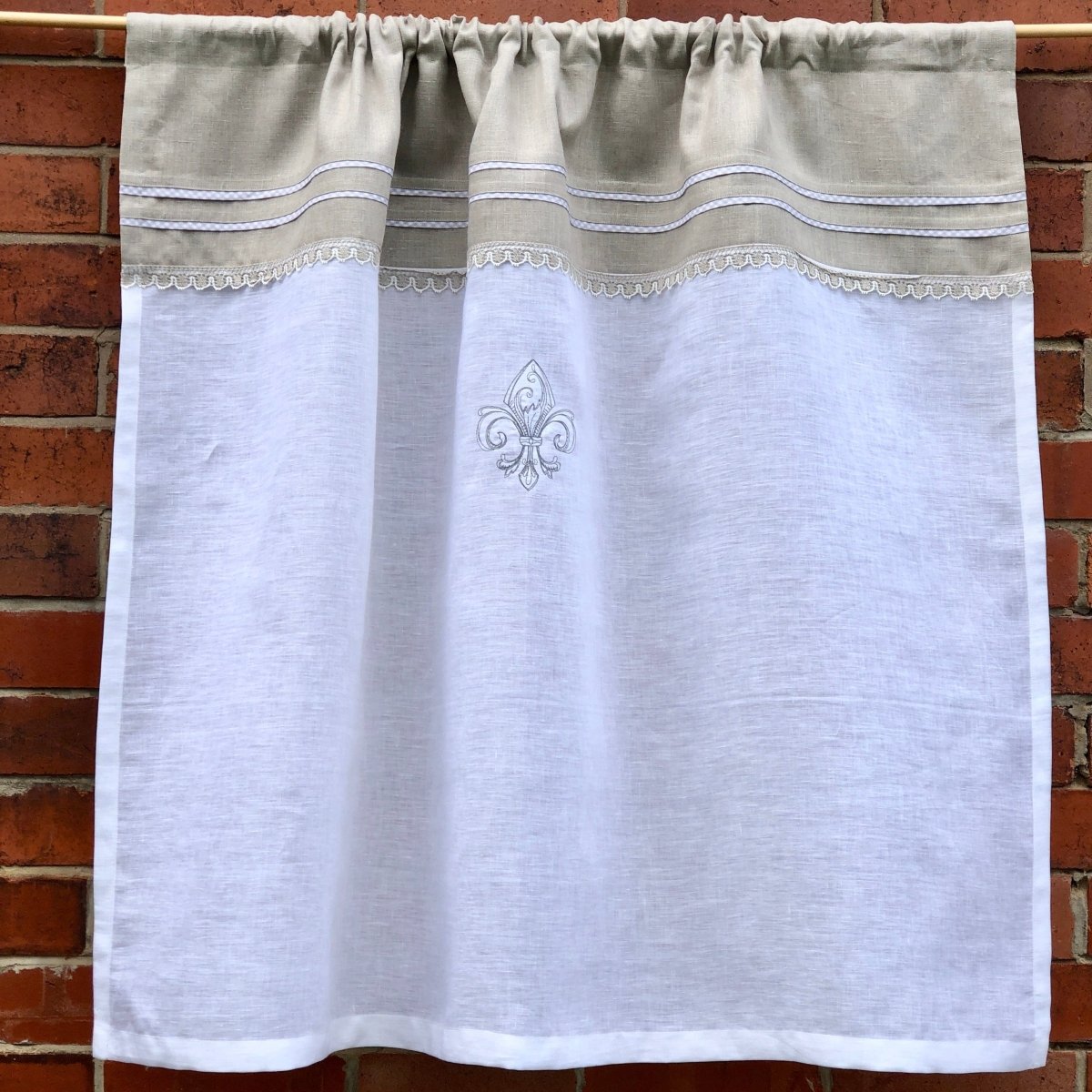 Pyke Natural White Linen Fleur de Lis Tall Curtain - Linen and Letters