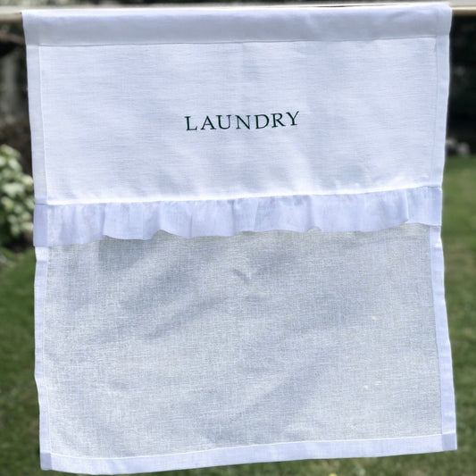 Risely White Linen Ruffle Laundry Curtain - Linen and Letters