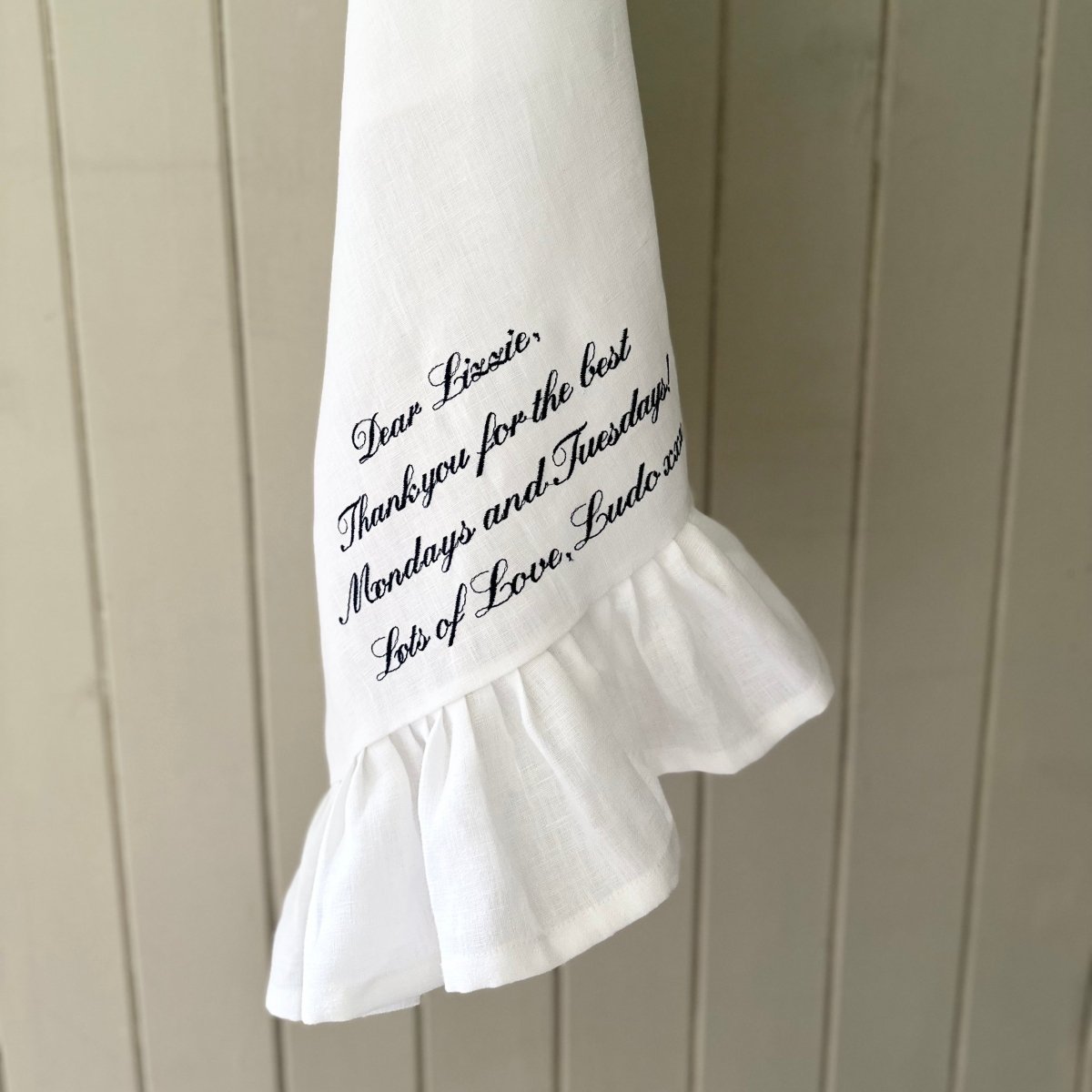 Ruffle Linen Kitchen Towel with Custom Embroidered Text - Linen and Letters