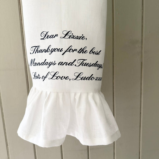 Ruffle Linen Kitchen Towel with Custom Embroidered Text - Linen and Letters
