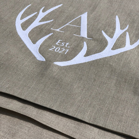 Stag Antlers Embroidered Monogram Linen Table Runner - Linen and Letters