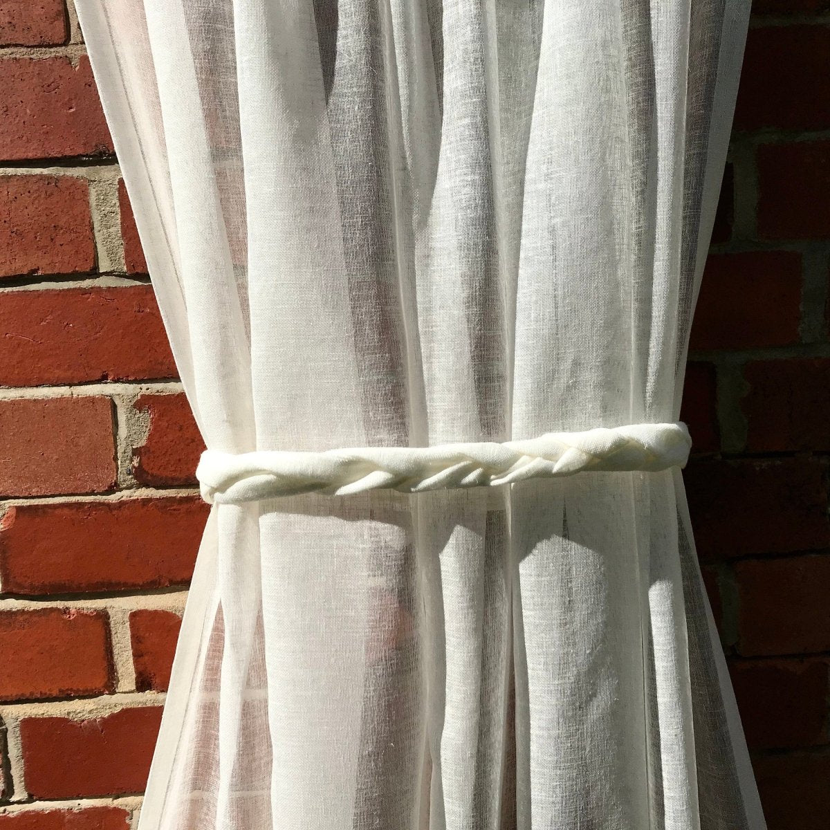 Tall Narrow Sheer Ivory Linen Sidelight Panel with Rope Tie - Linen and Letters