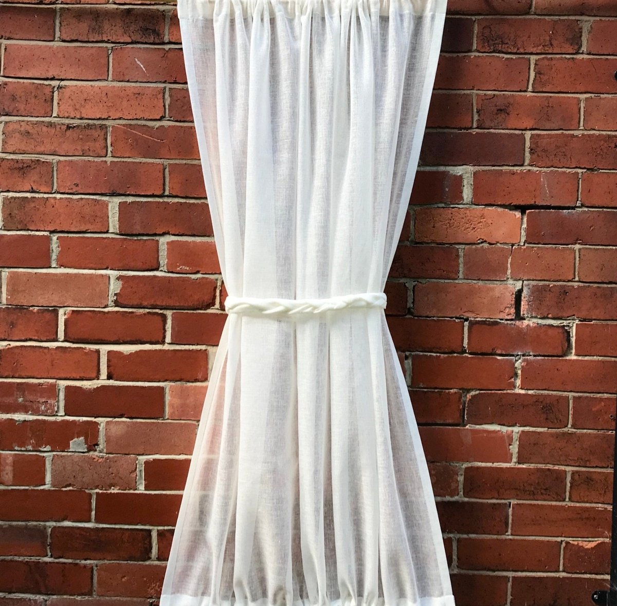 Tall Narrow Sheer Ivory Linen Sidelight Panel with Rope Tie - Linen and Letters