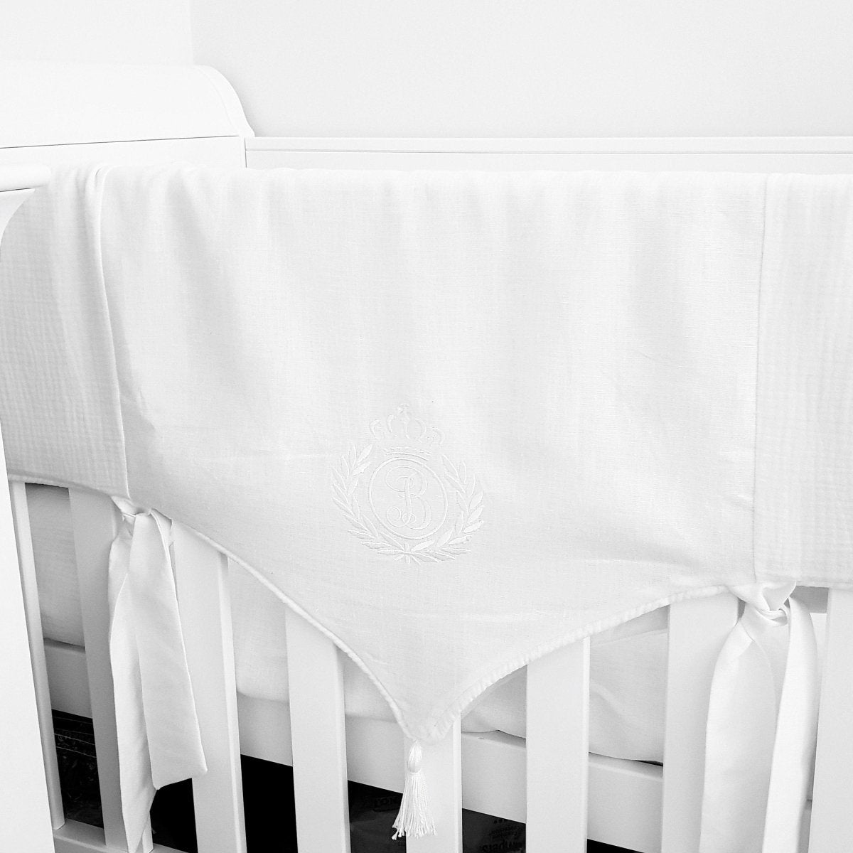 Tassel Linen Cot Crib Rail Cover with embroidered Crown Monogram - Linen and Letters