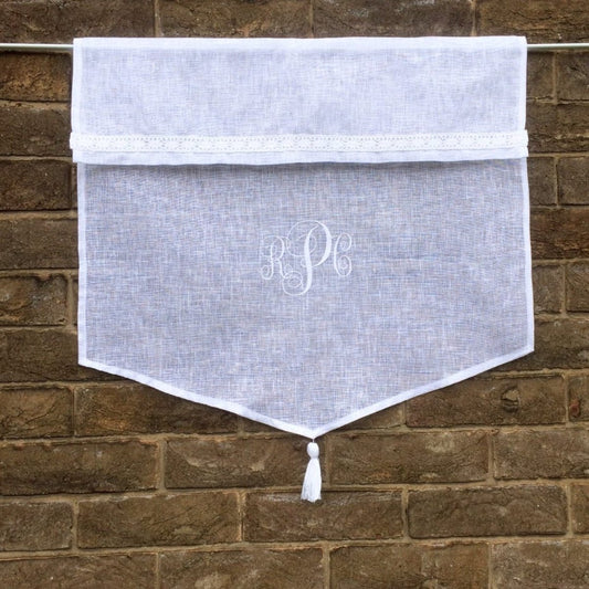Tatton Sheer Linen Tassel Curtain with Embroidered Monogram - Linen and Letters
