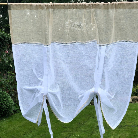 Trafford Sheer Scroll Linen Lace Tie Up Curtain - Linen and Letters