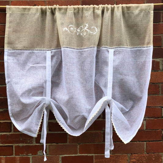 Trafford Sheer Scroll Linen Lace Tie Up Curtain - Linen and Letters