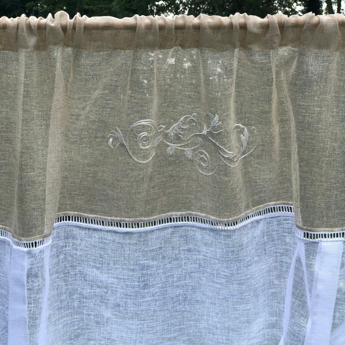 Trafford Sheer Scroll Linen Lace Tie Up Curtain - Linen and Letters