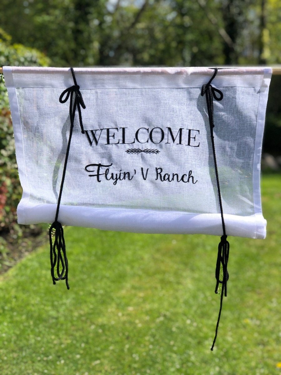 Welcome Sheer White Linen Tie Up Curtain with Black Cord - Linen and Letters