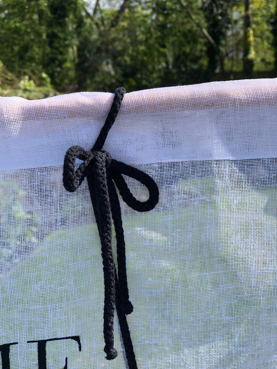 Welcome Sheer White Linen Tie Up Curtain with Black Cord - Linen and Letters