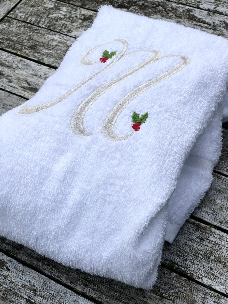 White Hand Towel or Face cloth with Silver Holly Monogram - Linen and Letters
