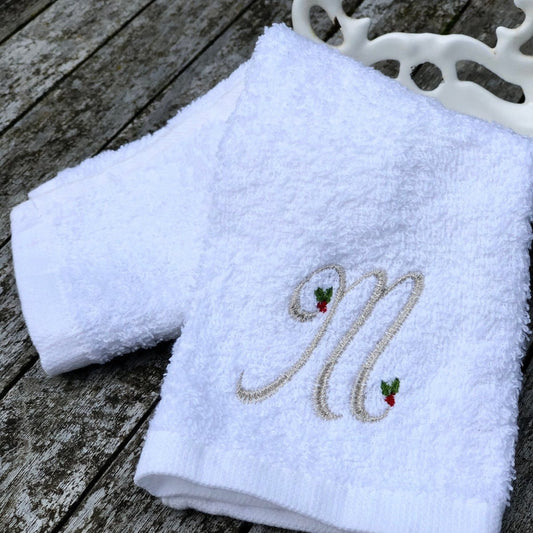 White Hand Towel or Face cloth with Silver Holly Monogram - Linen and Letters