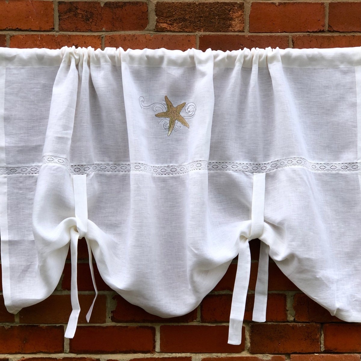 White Linen Bathroom Valance with Starfish Seascape Beach House embroidery - Linen and Letters
