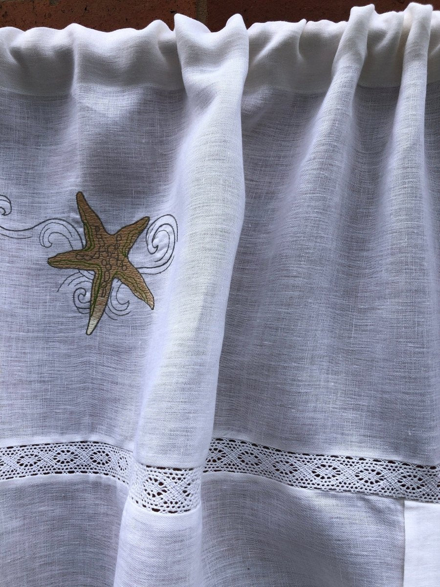 White Linen Bathroom Valance with Starfish Seascape Beach House embroidery - Linen and Letters