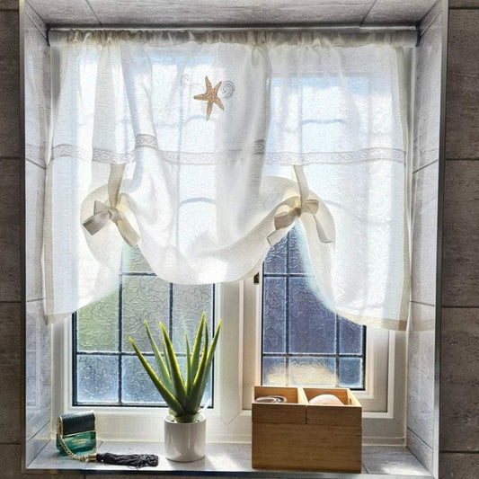 White Linen Bathroom Valance with Starfish Seascape Beach House embroidery - Linen and Letters