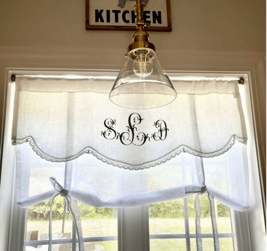 White Linen French Monogram Tie Up Valance Curtain - Linen and Letters