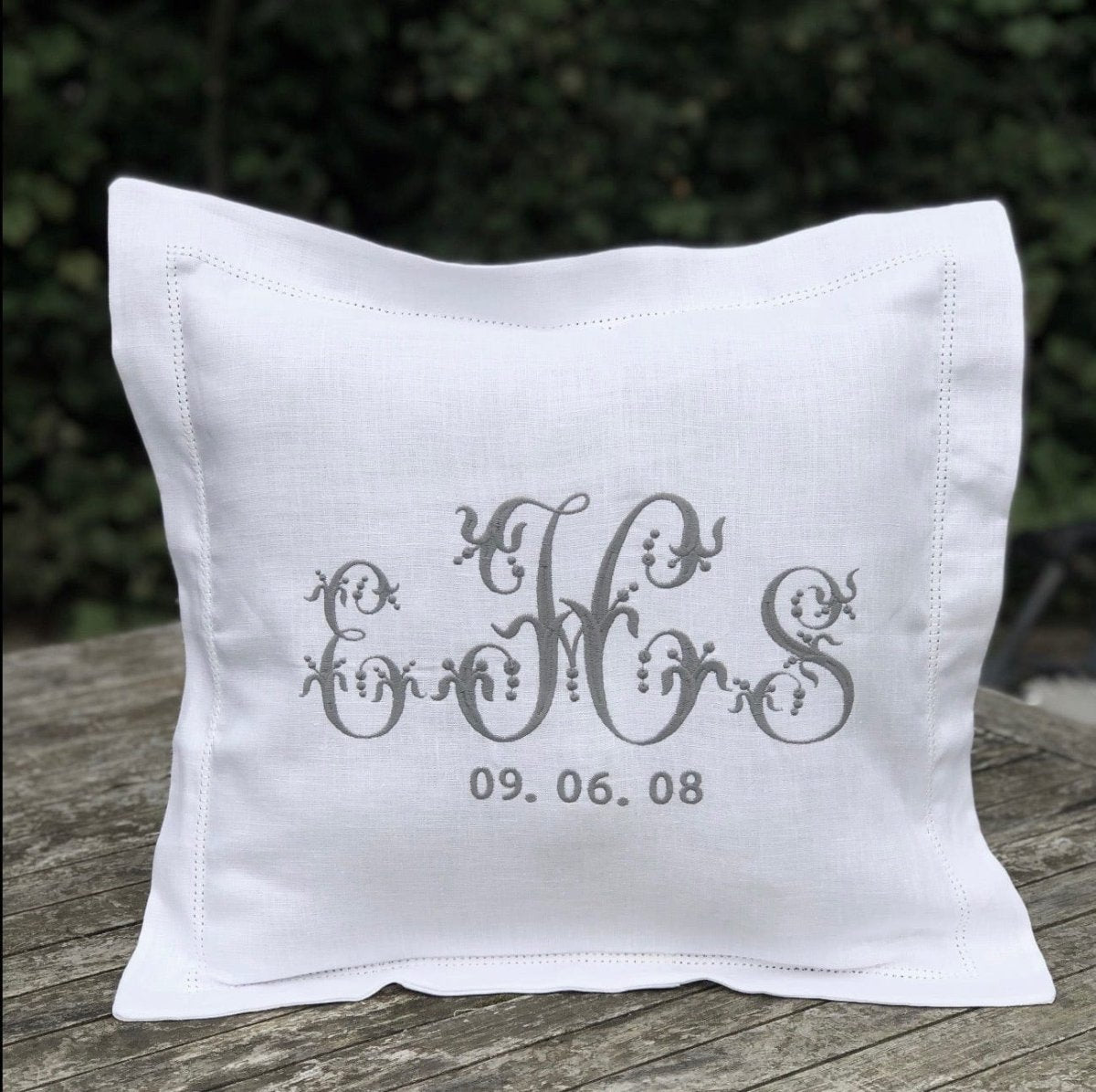 White Linen Hemstitched Embroidered Monogram Boudoir Cushion Cover - Linen and Letters