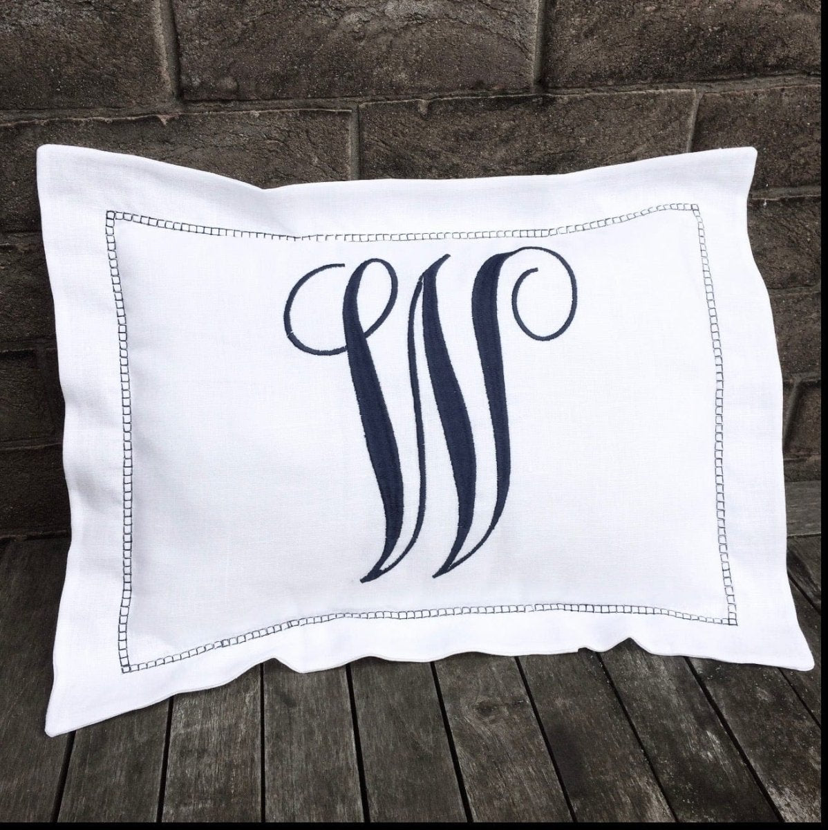 White Linen Hemstitched Embroidered Monogram Pillow Sham - Linen and Letters