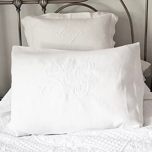 White Linen Pillowcase with Centre Embroidery - Linen and Letters