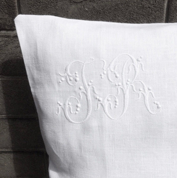 White 100% Linen Standard Pillow Sham, Hemstitch, Embroidered Centre  Monogram, Oxford Pillow Case, Personalized, Heirloom Wedding Gift 