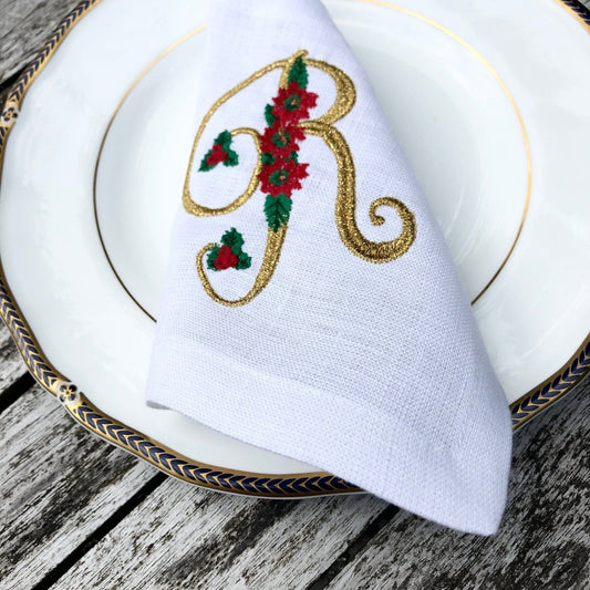 White Linen Poinsettia Christmas Gold Monogram Napkins - Linen and Letters