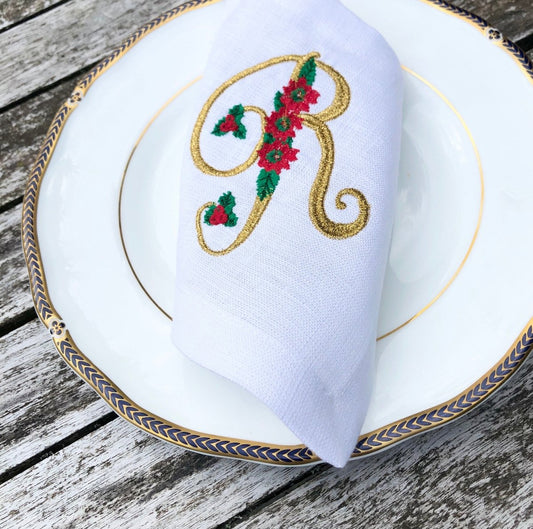 White Linen Poinsettia Christmas Gold Monogram Napkins - Linen and Letters