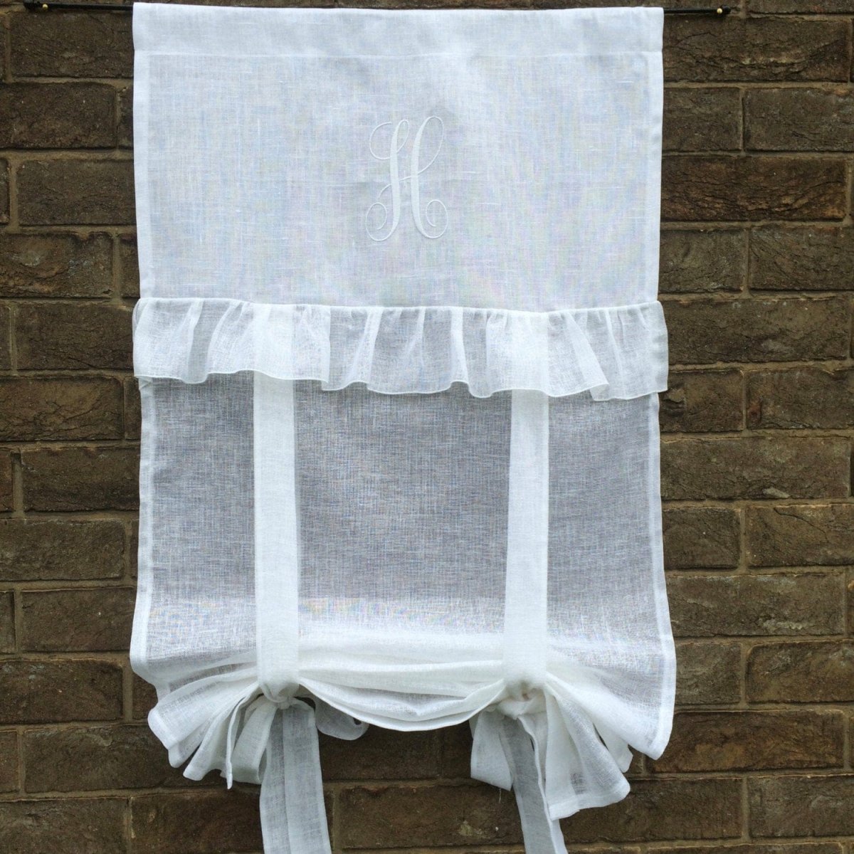 White Linen Ruffle Embroidered Tie up Curtain - Linen and Letters