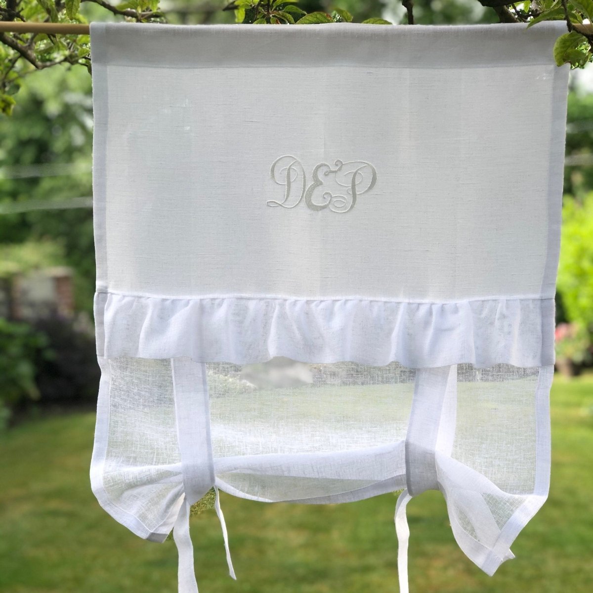 White Linen Ruffle Embroidered Tie up Curtain - Linen and Letters