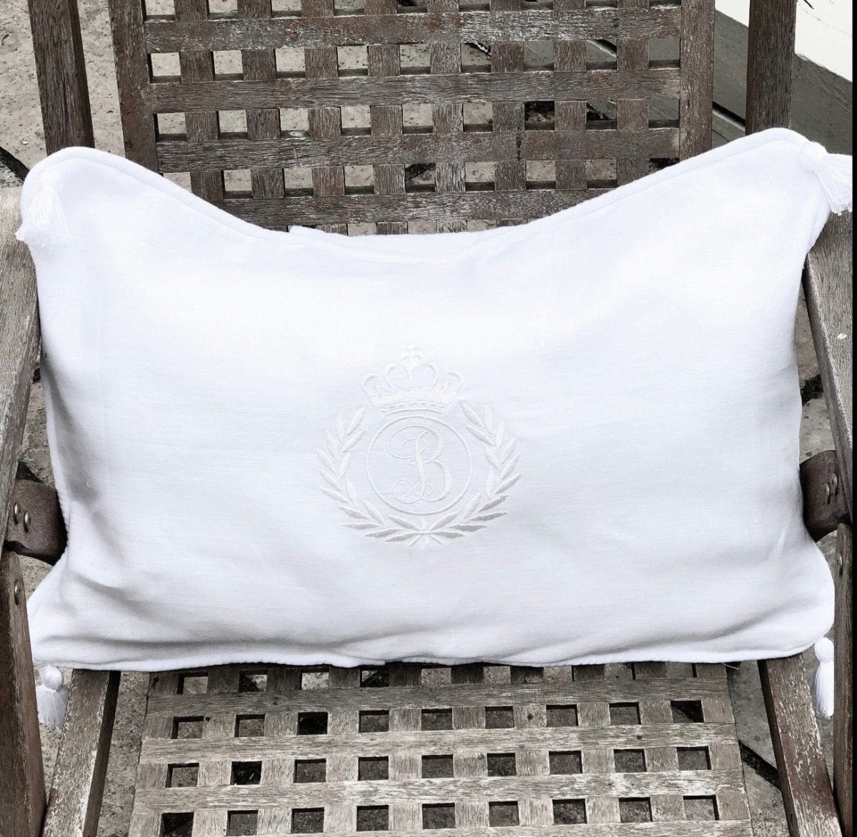 White Linen Tassel Boudoir Pillowcase with Crown Monogram - Linen and Letters